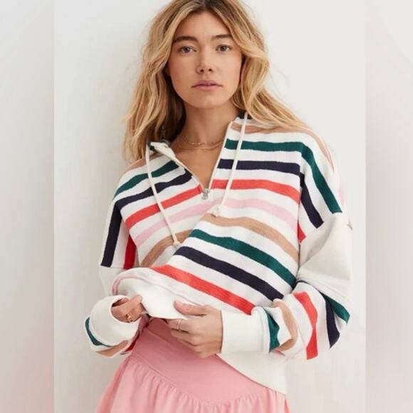 Aerie Restart Quarter Zip Striped Preppy Tie Neck Quarter Zip Cropped Hoodie XS - Picture 1 of 6